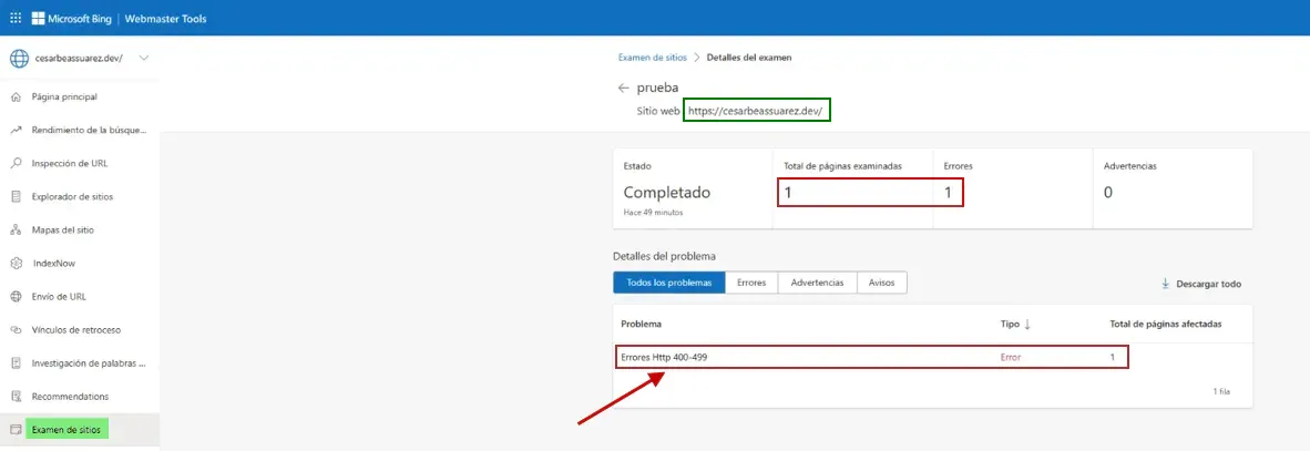 Bing Webmaster Tools Examen de sitios mostrando 1 página examinada con 1 error HTTP 400-499 destacado en rojo
