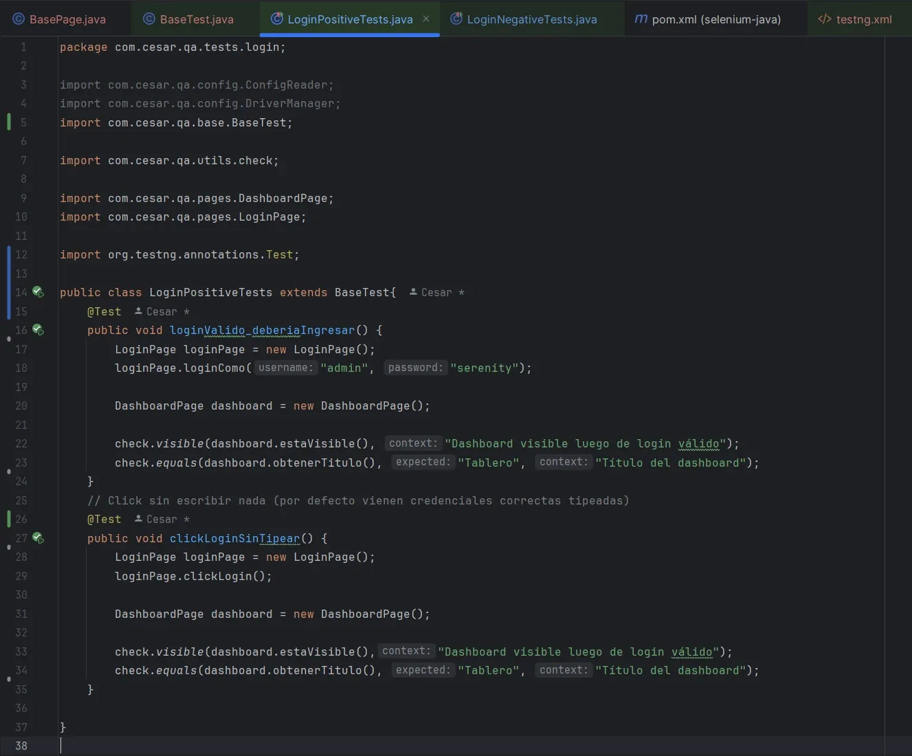 LoginPositiveTests extendiendo BaseTest con dos métodos @Test: loginValido_deberiaIngresar y clickLoginSinTipear