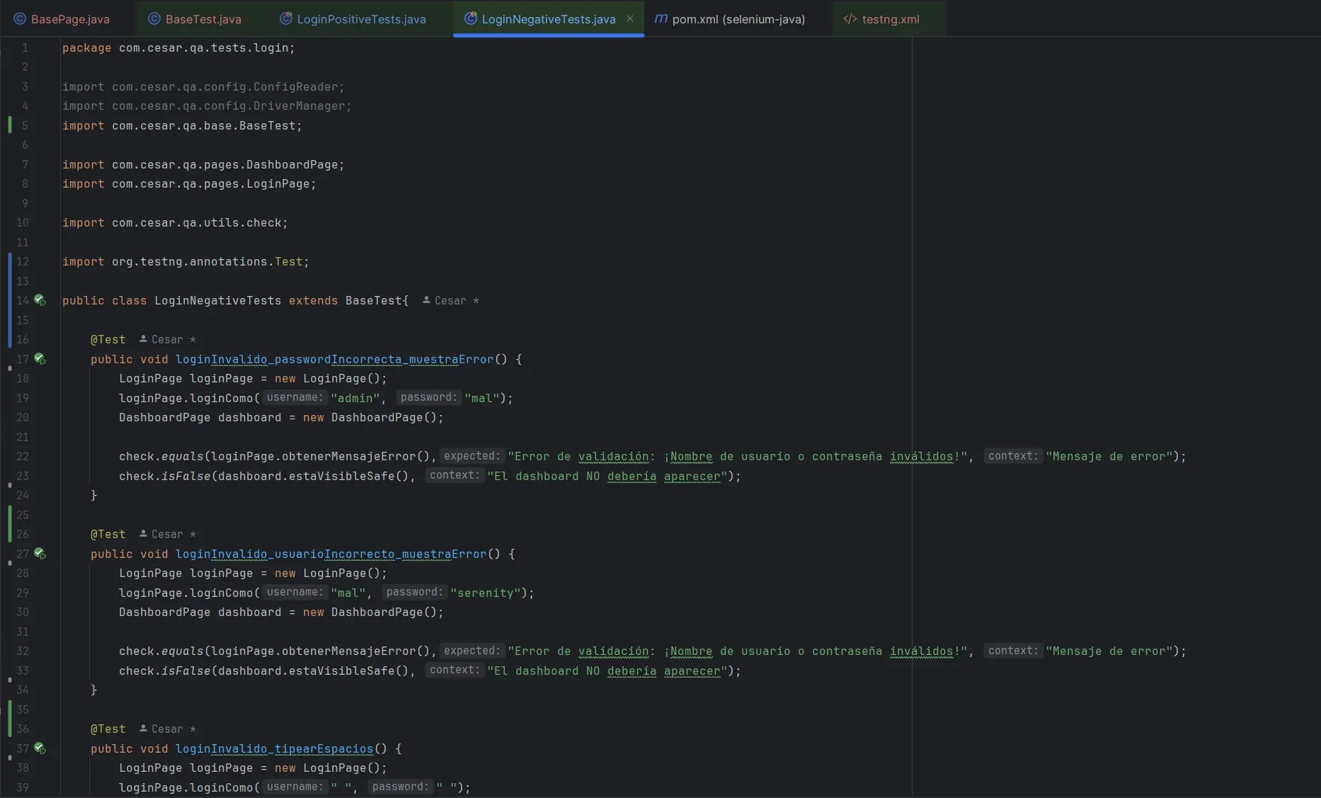 LoginNegativeTests extendiendo BaseTest con tres métodos @Test para login con credenciales inválidas