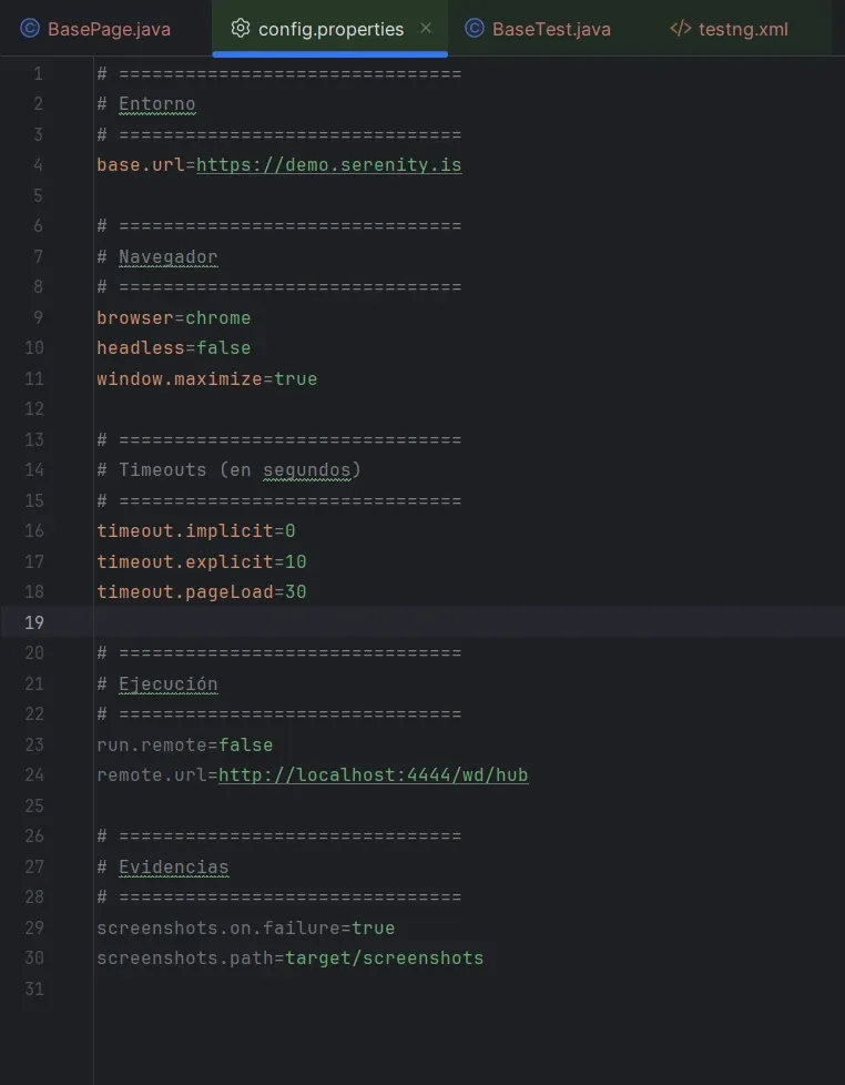 config.properties con timeout.explicit=10 en la sección de Timeouts, usado por BasePage para configurar WebDriverWait