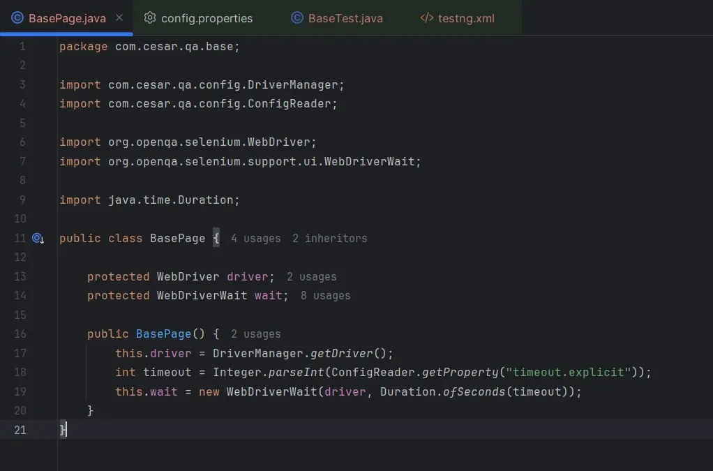 BasePage.java leyendo timeout.explicit desde ConfigReader en lugar de tener el valor hardcodeado