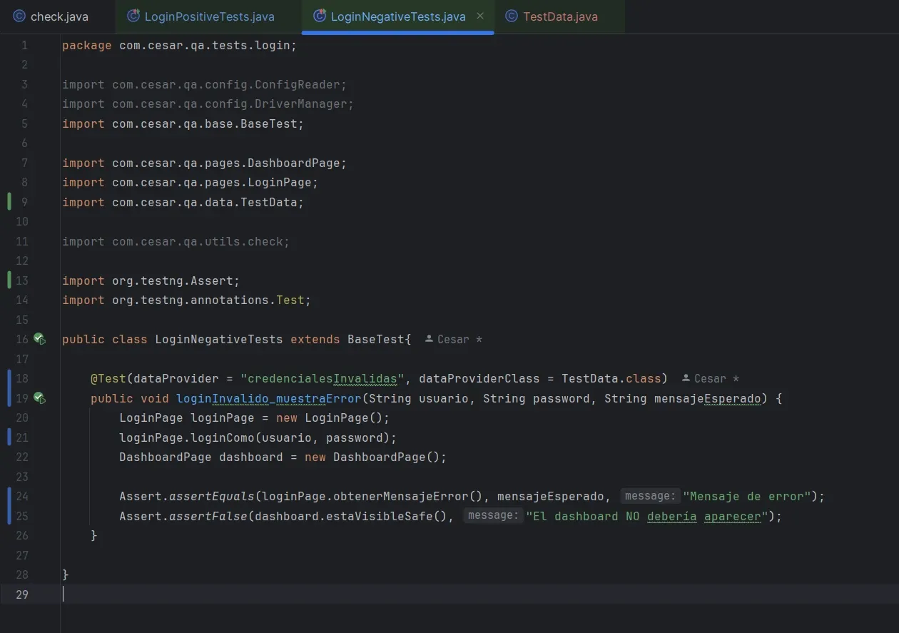 LoginNegativeTests.java con un solo método @Test conectado a DataProvider externo y assertions de TestNG reemplazando check.java