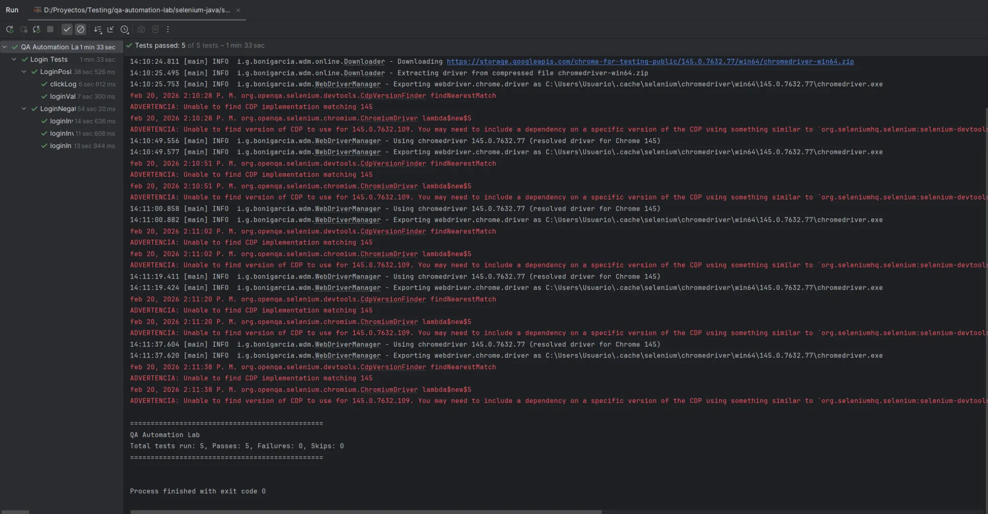 Resultado de ejecución en IntelliJ: 5 tests passed en 1 minuto 33 segundos, LoginPositiveTests con 2 tests y LoginNegativeTests con 3 ejecuciones del DataProvider