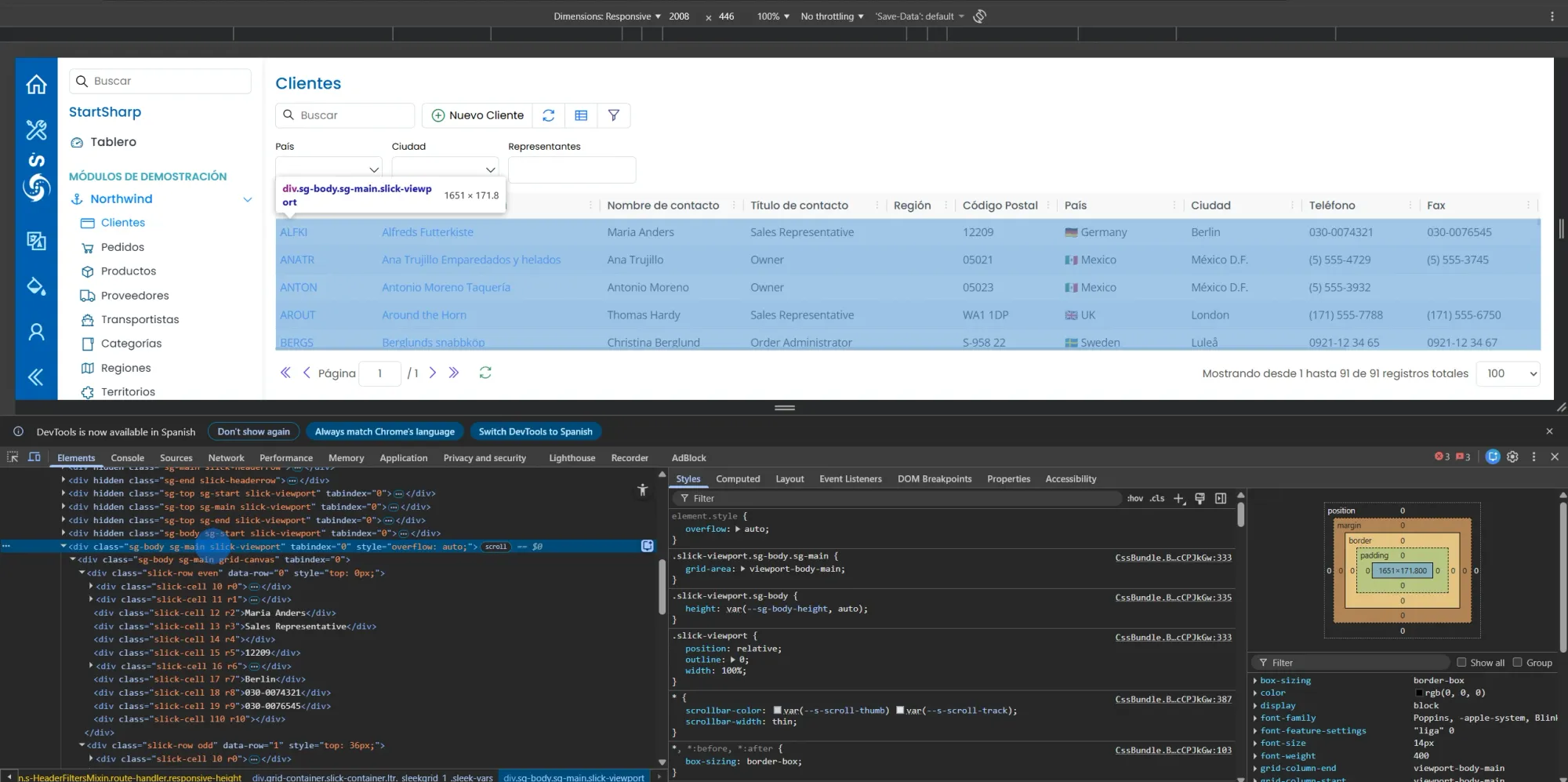 Chrome DevTools inspeccionando la estructura HTML de SlickGrid, mostrando el viewport div.sg-body.sg-main.slick-viewport con dimensiones 1651x171 y las celdas con clases slick-cell numeradas por columna