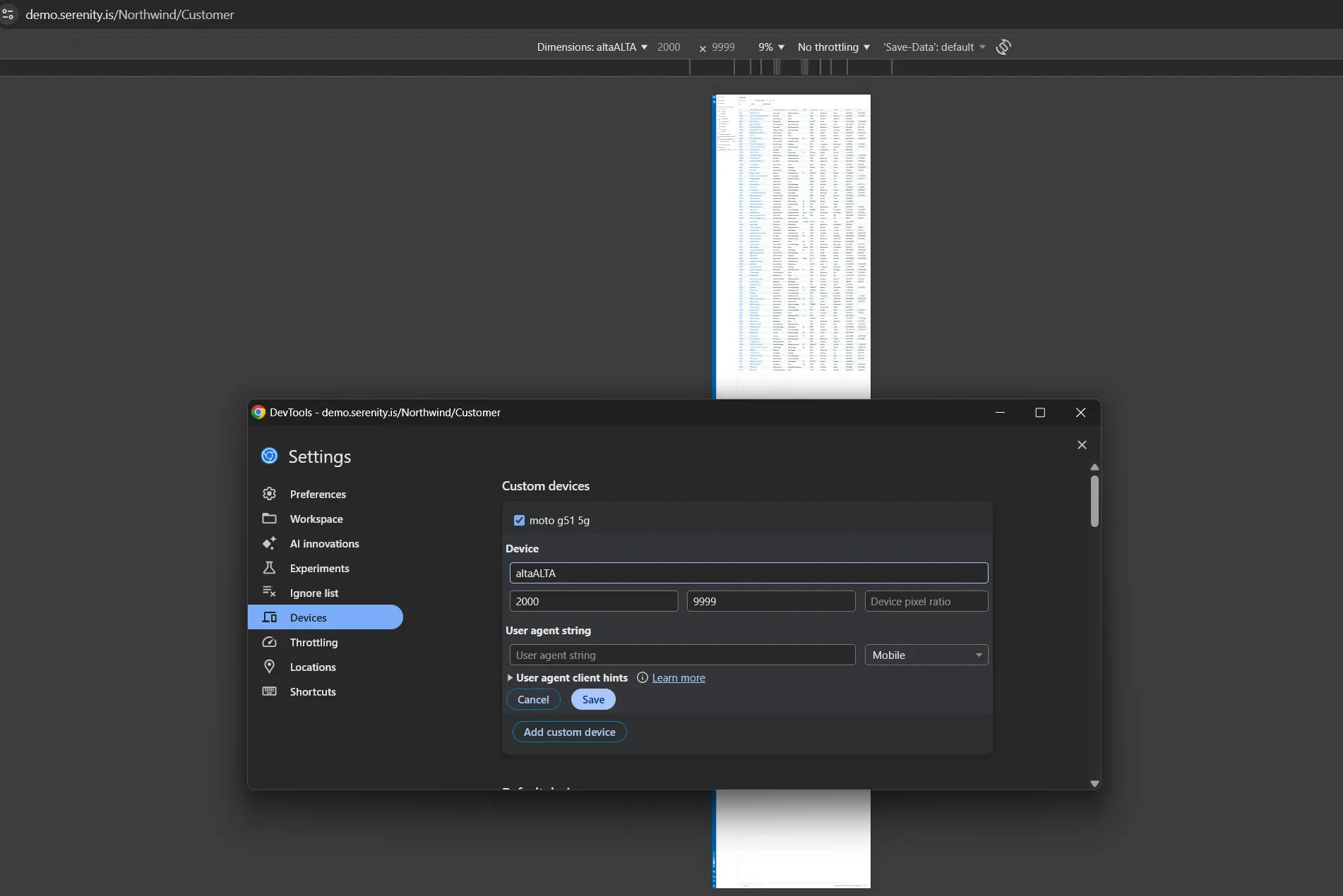 Configuración de dispositivo personalizado en Chrome DevTools con resolución 2000x9999 píxeles para forzar el renderizado completo de la grilla SlickGrid