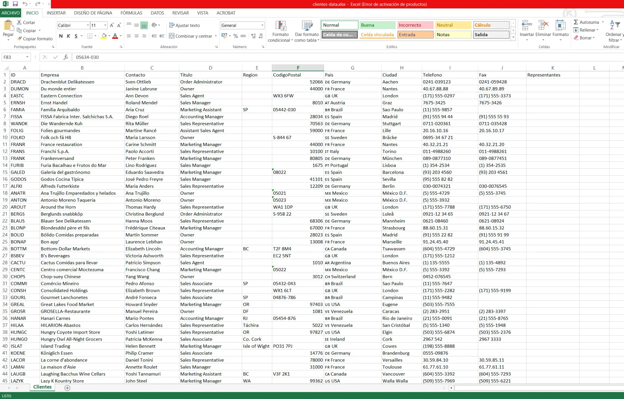 Archivo clientes-data.xlsx en Excel mostrando 91 registros extraídos de la grilla con columnas ID, Empresa, Contacto, Título, Region, CodigoPostal, País, Ciudad, Teléfono, Fax y Representantes