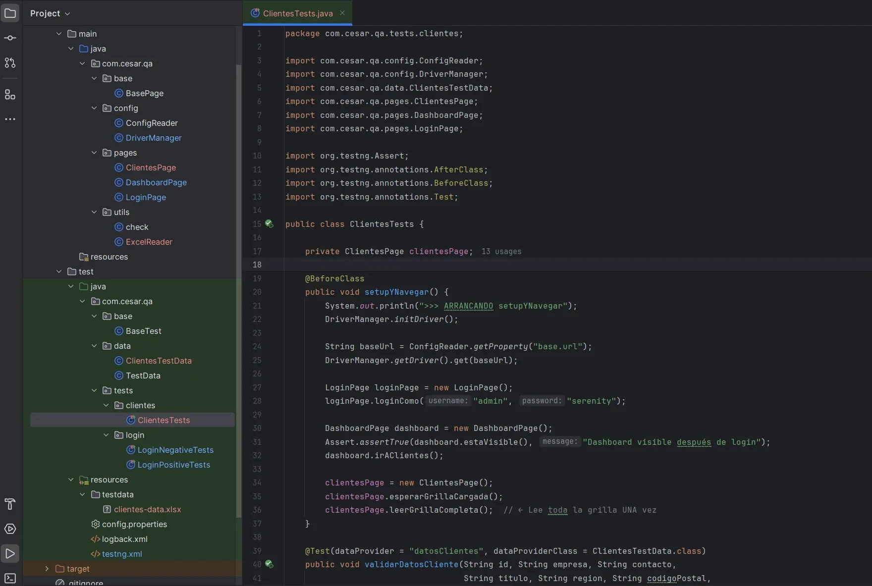 Código de ClientesTests.java mostrando la clase sin extends BaseTest, con BeforeClass que inicializa driver, hace login, navega a Clientes y lee la grilla completa una sola vez antes de los 91 tests