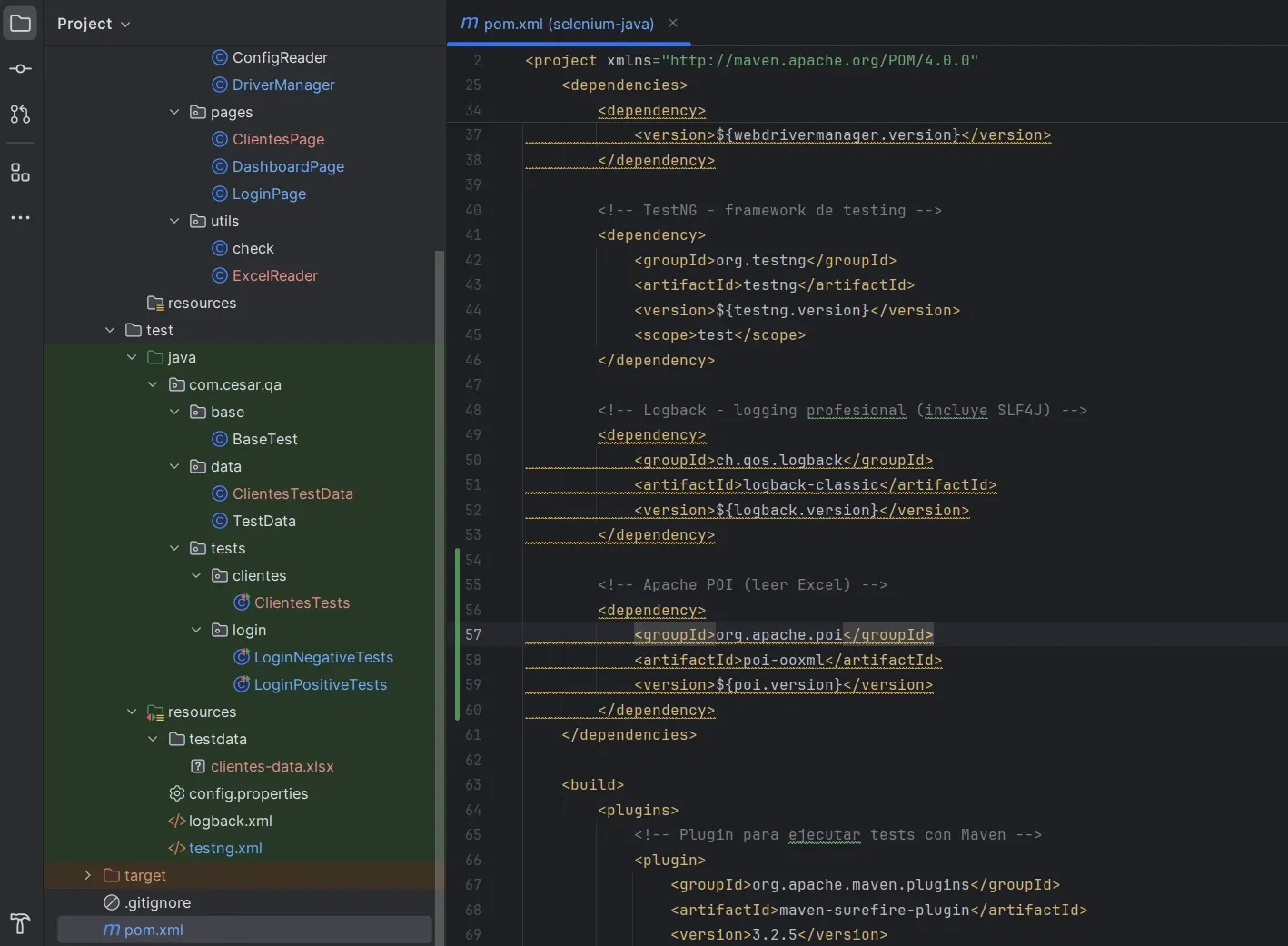 Archivo pom.xml en IntelliJ mostrando la dependencia de Apache POI poi-ooxml con versión centralizada en properties, junto a las dependencias existentes de TestNG, Logback y WebDriverManager