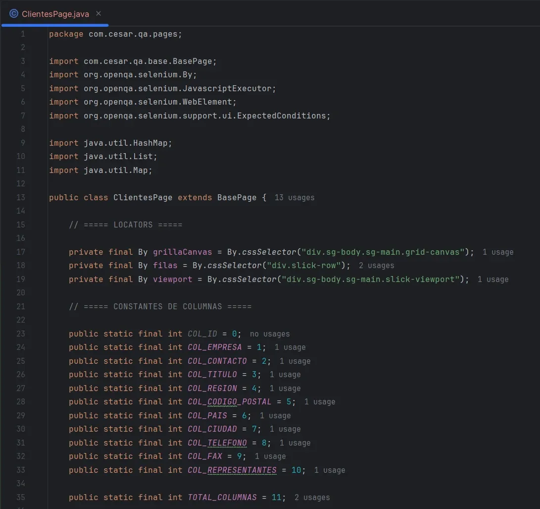 Inicio del código de ClientesPage.java mostrando los locators CSS para grillaCanvas, filas y viewport de SlickGrid, y las 11 constantes de columnas con TOTAL_COLUMNAS igual a 11