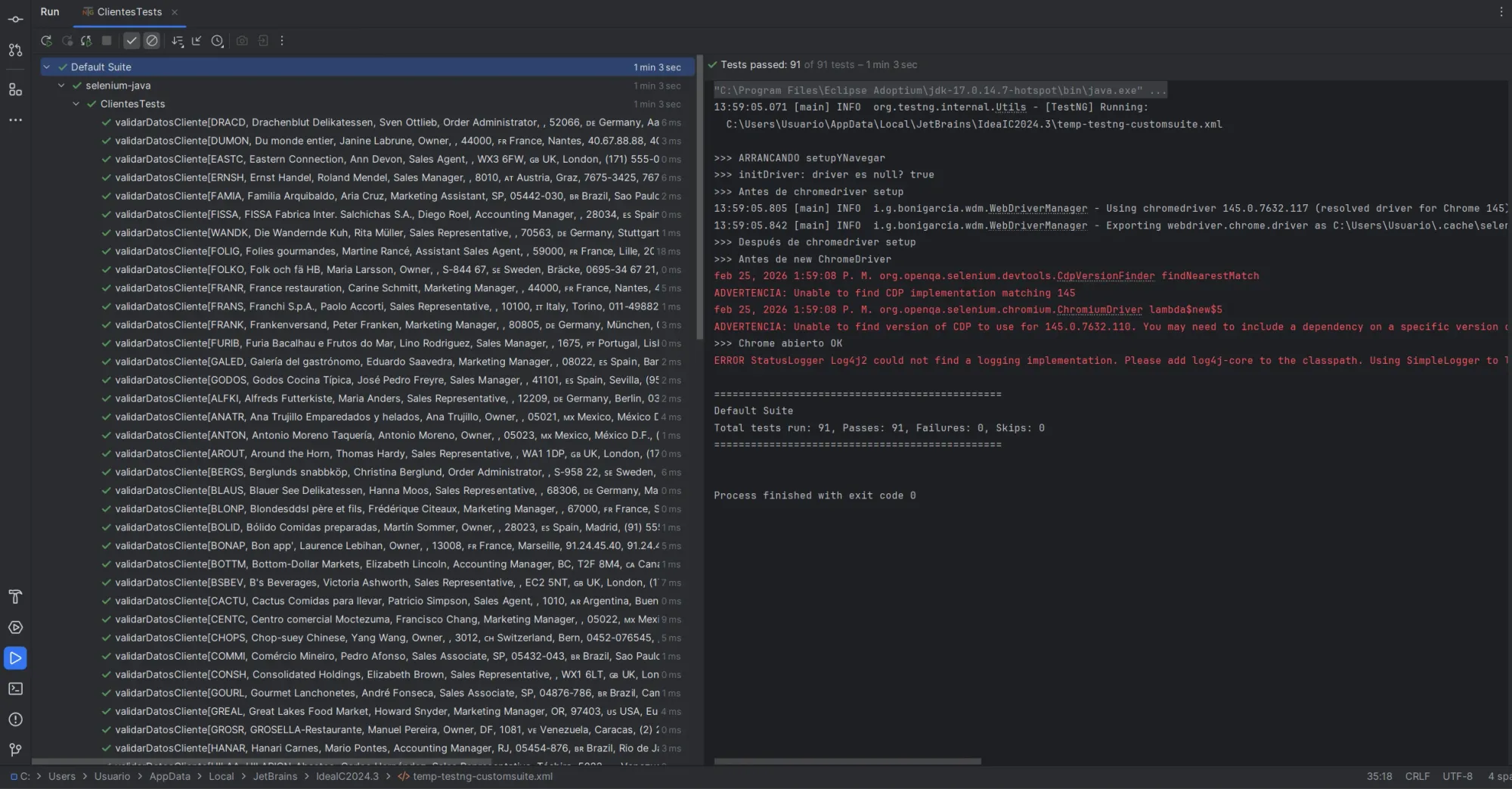 Panel completo de IntelliJ mostrando ejecución exitosa de ClientesTests con 91 tests pasados, logs de inicialización del driver y reporte de TestNG con Total tests run 91 Passes 91 Failures 0 Skips 0