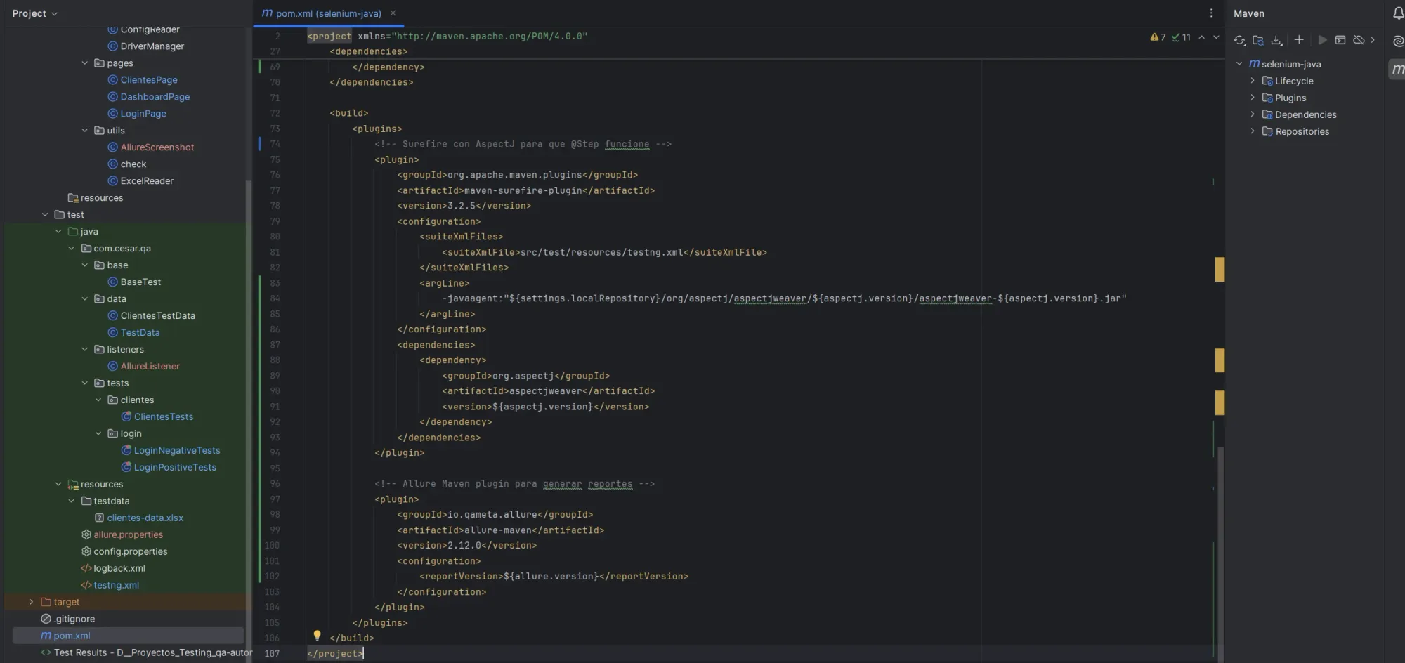 Archivo pom.xml en IntelliJ mostrando un solo bloque de maven-surefire-plugin con configuración de testng.xml y argLine de AspectJ, seguido del plugin allure-maven. Estructura del proyecto visible a la izquierda con AllureScreenshot y AllureListener nuevos