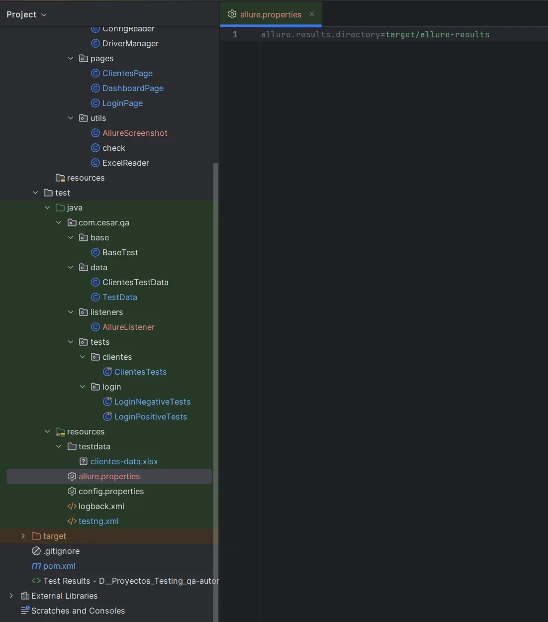 Panel Project de IntelliJ mostrando la estructura completa del proyecto selenium-java con AllureScreenshot en utils, AllureListener en listeners, allure.properties seleccionado en resources mostrando allure.results.directory igual a target/allure-results