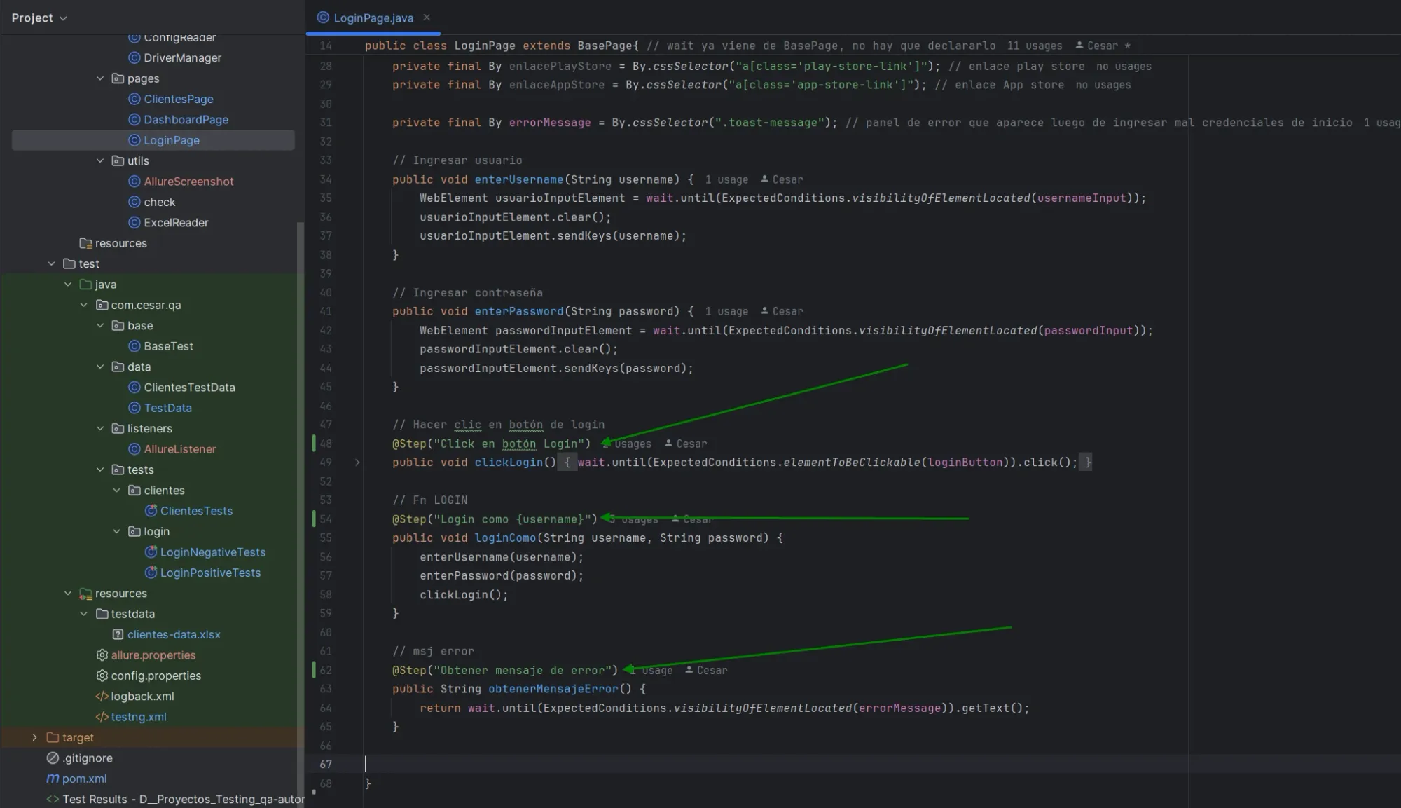 Código de LoginPage.java en IntelliJ mostrando anotaciones @Step en los métodos clickLogin con texto Click en botón Login y loginComo con texto Login como username, con flechas verdes señalando las anotaciones