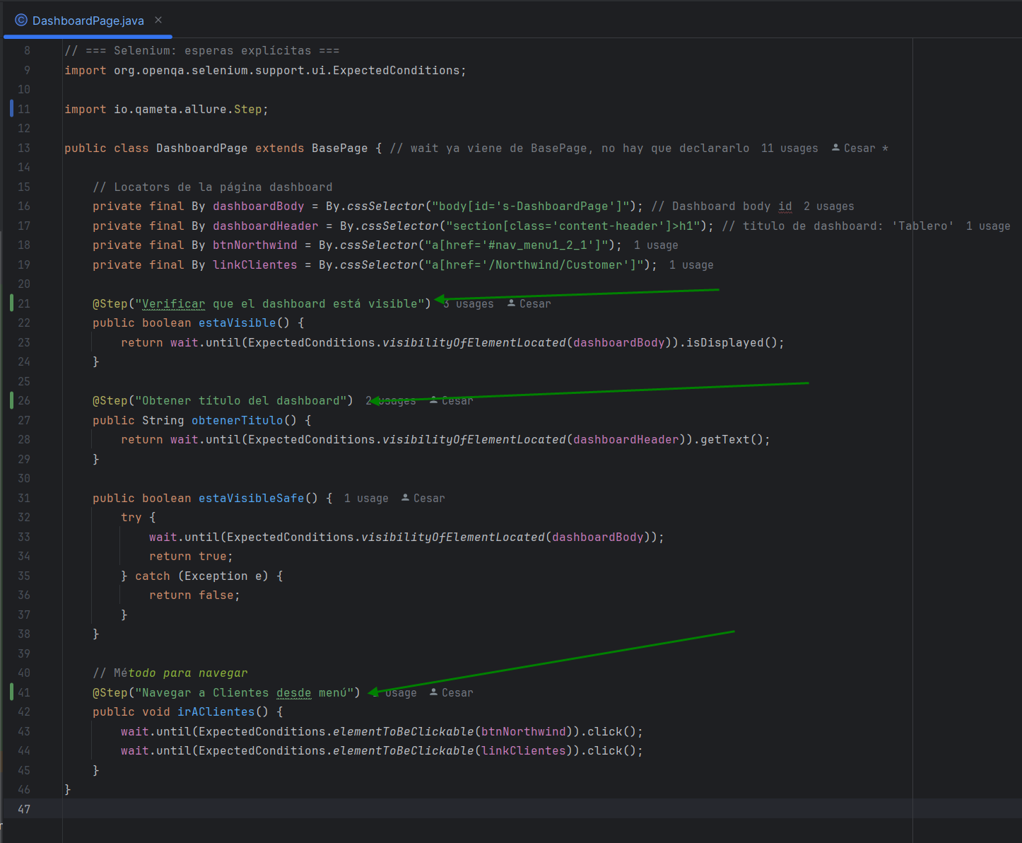 Código de DashboardPage.java en IntelliJ mostrando anotaciones @Step en los métodos estaVisible, obtenerTitulo y irAClientes, con flechas verdes señalando cada anotación