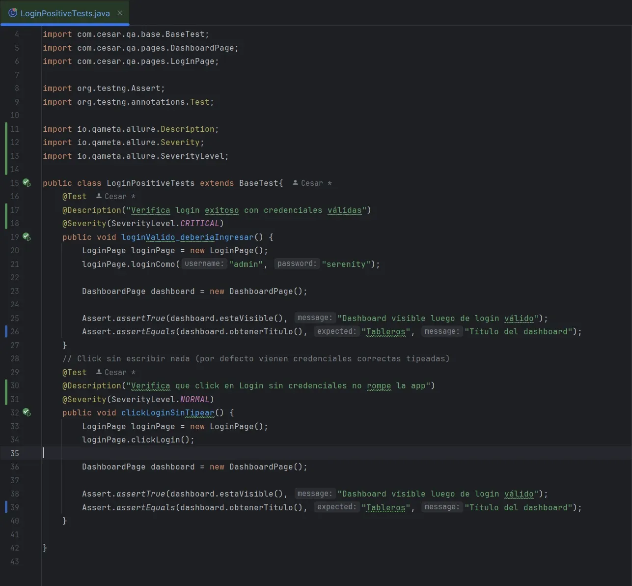 Código de LoginPositiveTests.java en IntelliJ mostrando imports de Allure Description, Severity y SeverityLevel, con @Description y @Severity CRITICAL en loginValido_deberiaIngresar y @Severity NORMAL en clickLoginSinTipear