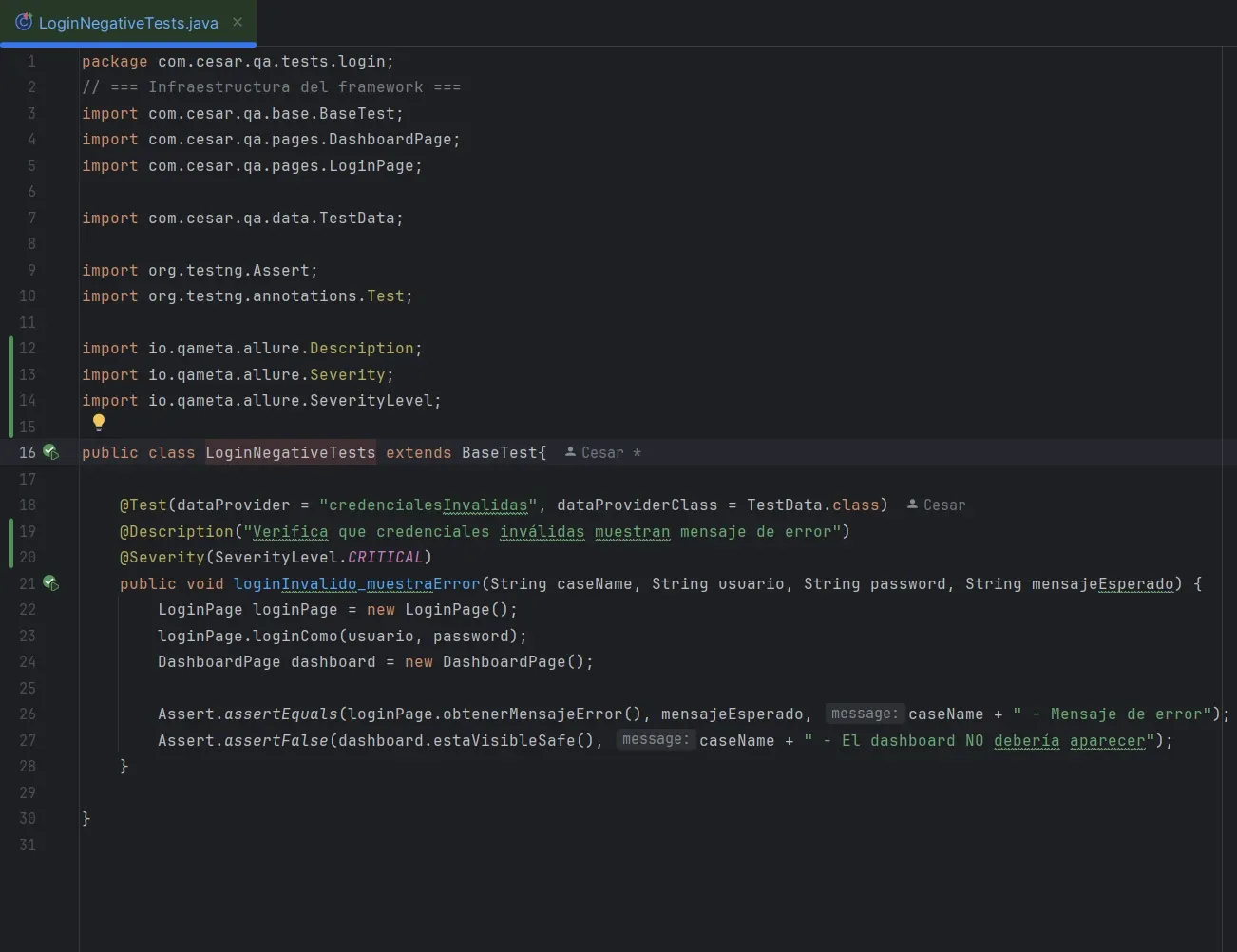 Código de LoginNegativeTests.java en IntelliJ mostrando @Test con dataProvider credencialesInvalidas, @Description Verifica que credenciales inválidas muestran mensaje de error y @Severity CRITICAL