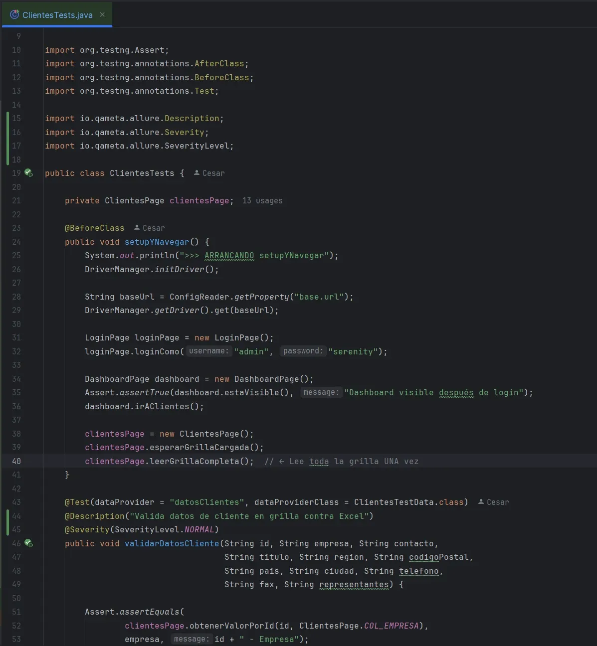 Código de ClientesTests.java en IntelliJ mostrando @BeforeClass con setupYNavegar, y @Test con dataProvider datosClientes, @Description Valida datos de cliente en grilla contra Excel y @Severity NORMAL