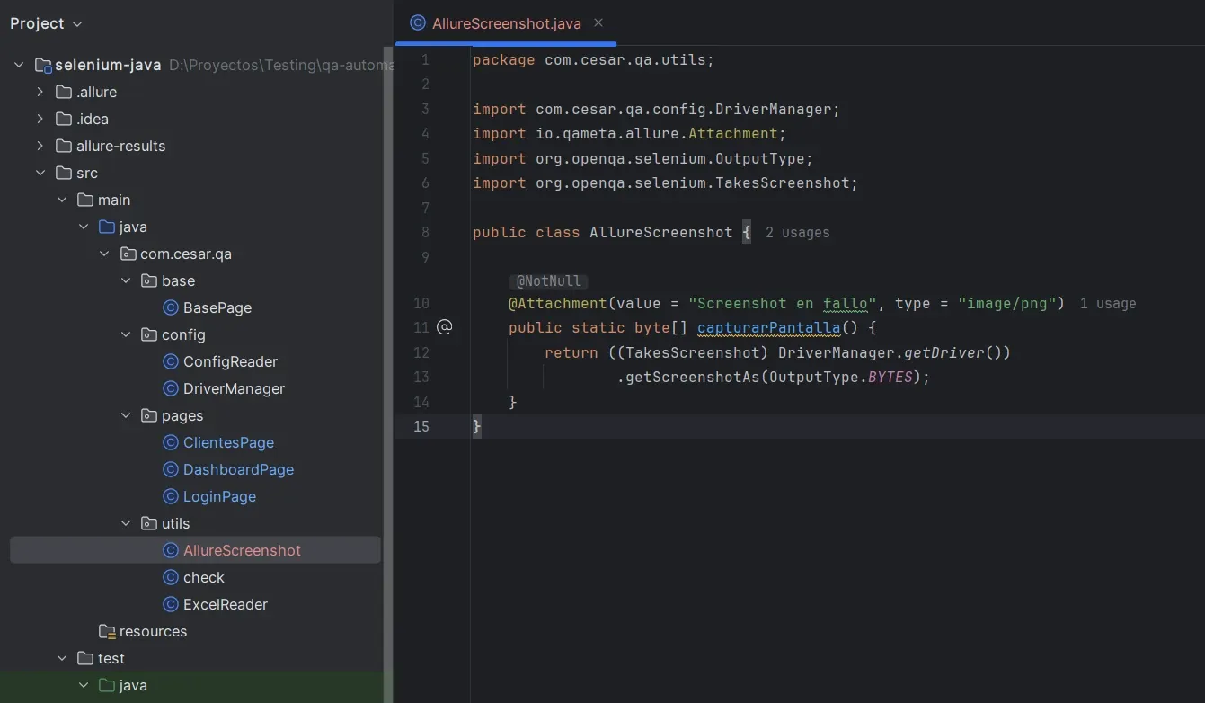 Código de AllureScreenshot.java en IntelliJ mostrando la clase con anotación @Attachment value Screenshot en fallo type image/png y el método capturarPantalla que usa TakesScreenshot para capturar en OutputType.BYTES