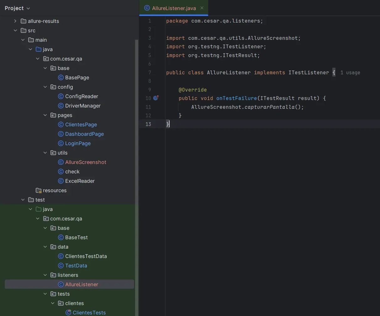 Código de AllureListener.java en IntelliJ mostrando la clase que implementa ITestListener con el método onTestFailure que llama a AllureScreenshot.capturarPantalla. Estructura del proyecto visible a la izquierda con AllureListener seleccionado en la carpeta listeners