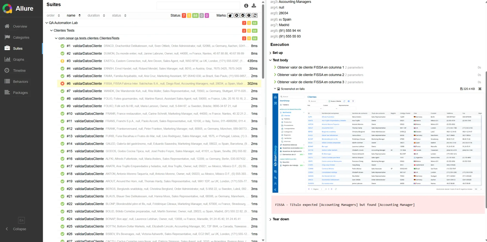 Vista Suites de Allure mostrando test de validación de FISSA con steps Obtener valor de cliente FISSA en columna 1, 2, 3 y el mensaje de error con screenshot adjunto