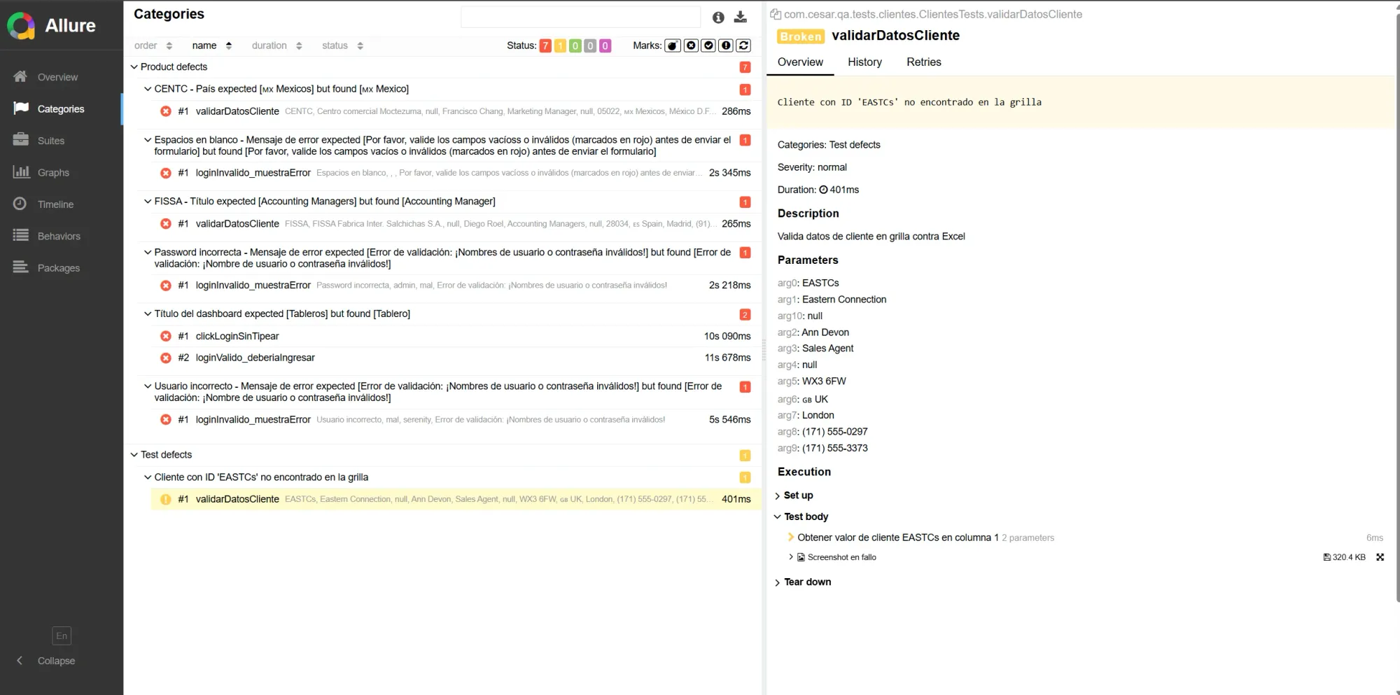 Vista Categories del reporte Allure mostrando Product defects en rojo y Test defects en amarillo, con el test de EASTCs seleccionado a la derecha mostrando estado Broken, categoría Test defects, mensaje cliente con ID EASTCs no encontrado en la grilla, y el step Obtener valor de cliente EASTCs en columna 1 con Screenshot en fallo