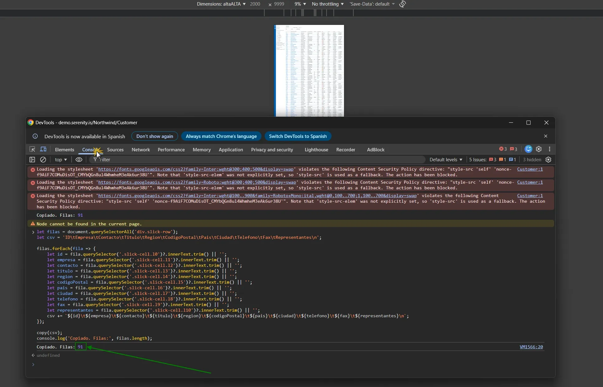 Consola de Chrome DevTools ejecutando script JavaScript de extracción de datos con selectores por clase CSS de SlickGrid, mostrando resultado Copiado Filas 91