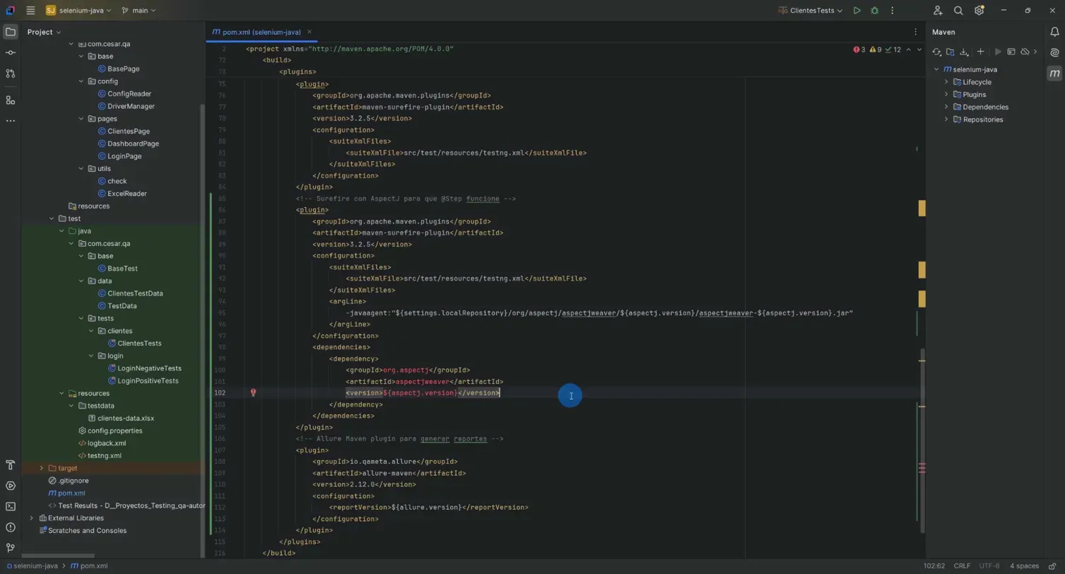 Archivo pom.xml en IntelliJ mostrando dos bloques duplicados de maven-surefire-plugin, el segundo con AspectJ, y un error en rojo en la línea de version de aspectjweaver marcando Dependency not found