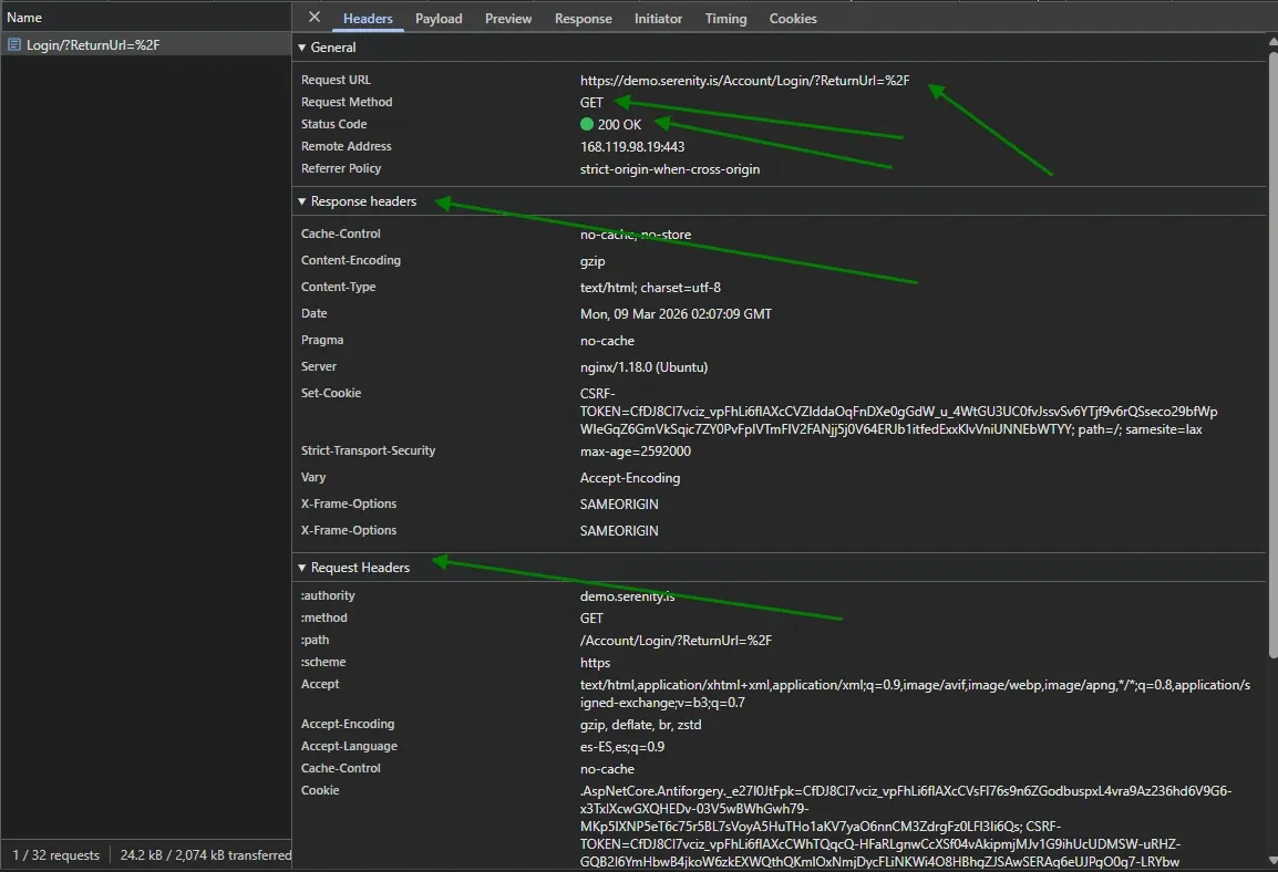 DevTools Headers panel highlighting Request URL, GET method, 200 status code, response headers and request headers sections