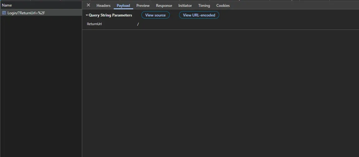 DevTools Payload tab showing query string parameter ReturnUrl with value slash