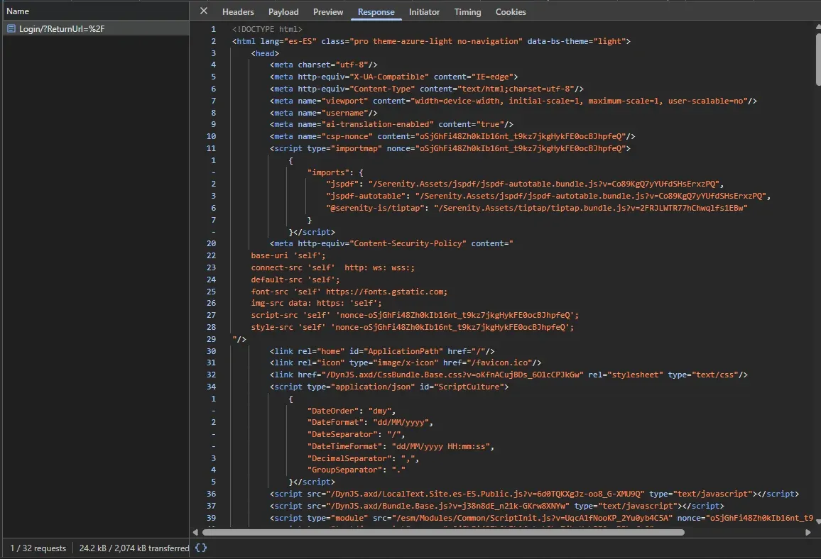 DevTools Response tab showing HTML source code returned by the Serenity login page request