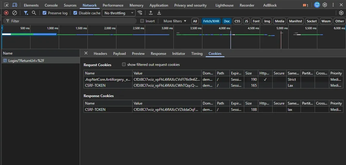 DevTools Cookies tab showing request cookies with AntiForgery and CSRF-TOKEN, and response cookie with new CSRF-TOKEN