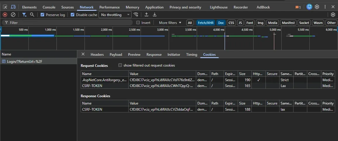 DevTools Cookies panel showing AntiForgery and CSRF-TOKEN request cookies alongside the CSRF-TOKEN response cookie