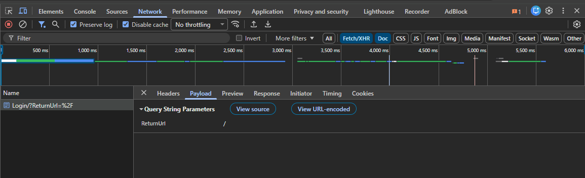 DevTools Payload tab displaying ReturnUrl query string parameter for the login page request