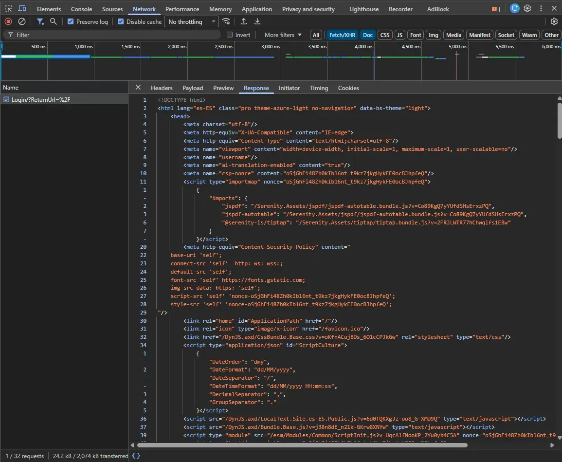 DevTools Response tab displaying the full HTML source of the Serenity login page