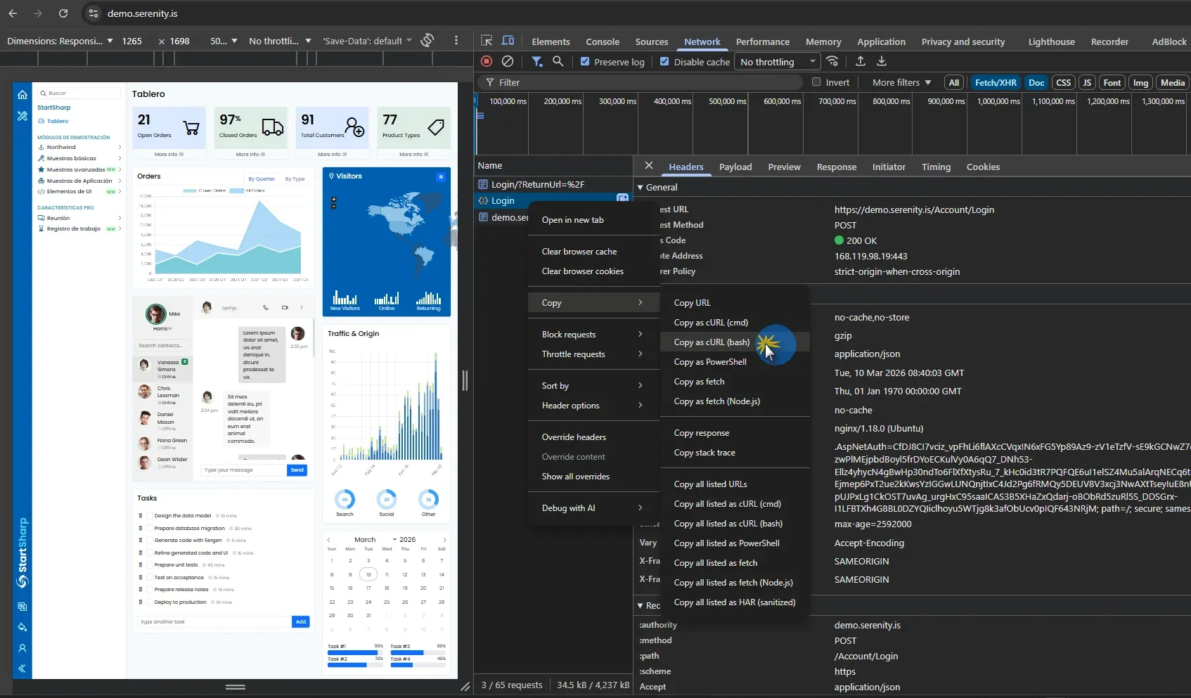 Chrome DevTools Network tab showing right-click context menu with Copy as cURL bash option highlighted