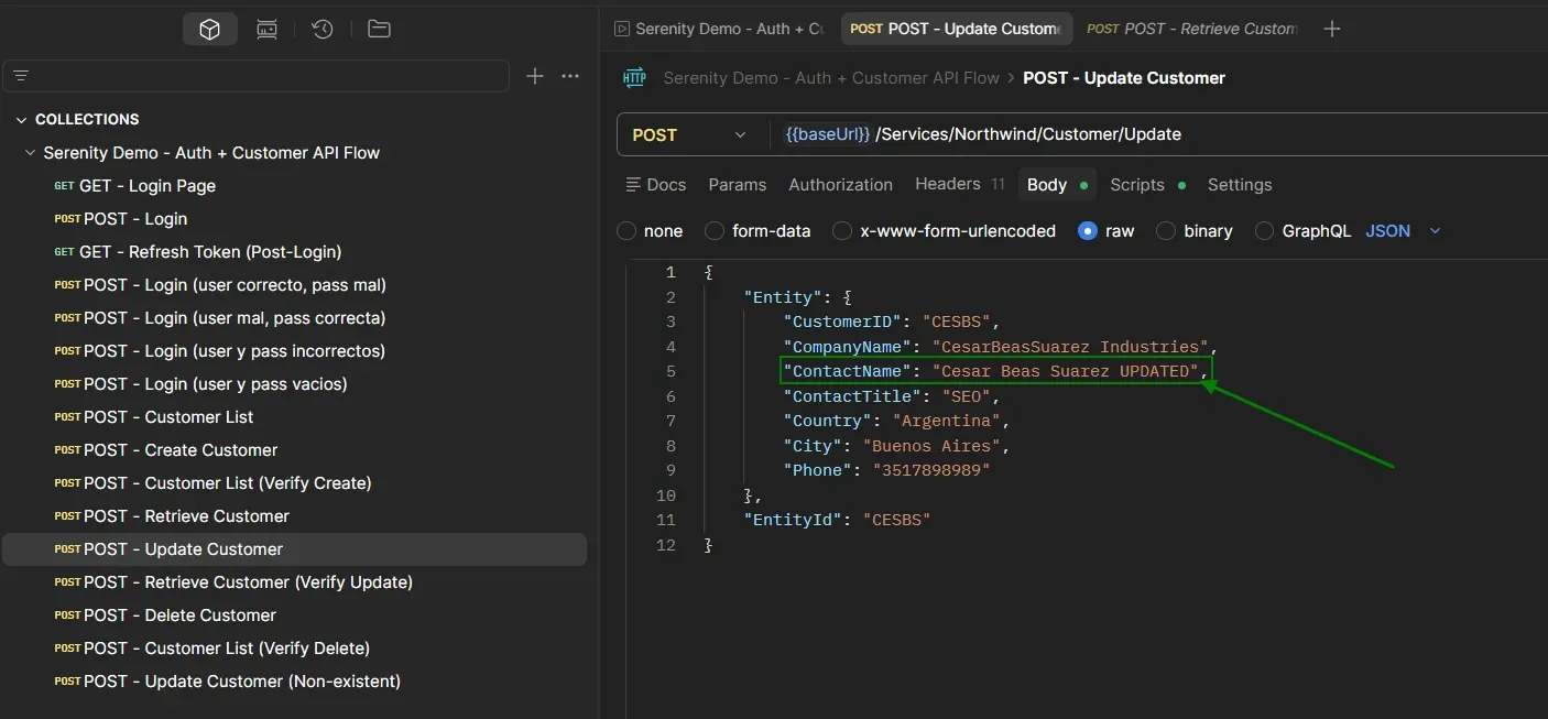 Postman POST Update Customer request showing Body tab with raw JSON containing Entity with CustomerID CESBS, CompanyName CesarBeasSuarez Industries, ContactName Cesar Beas Suarez UPDATED highlighted with green arrow, ContactTitle SEO, Country Argentina, City Buenos Aires, Phone, and EntityId CESBS