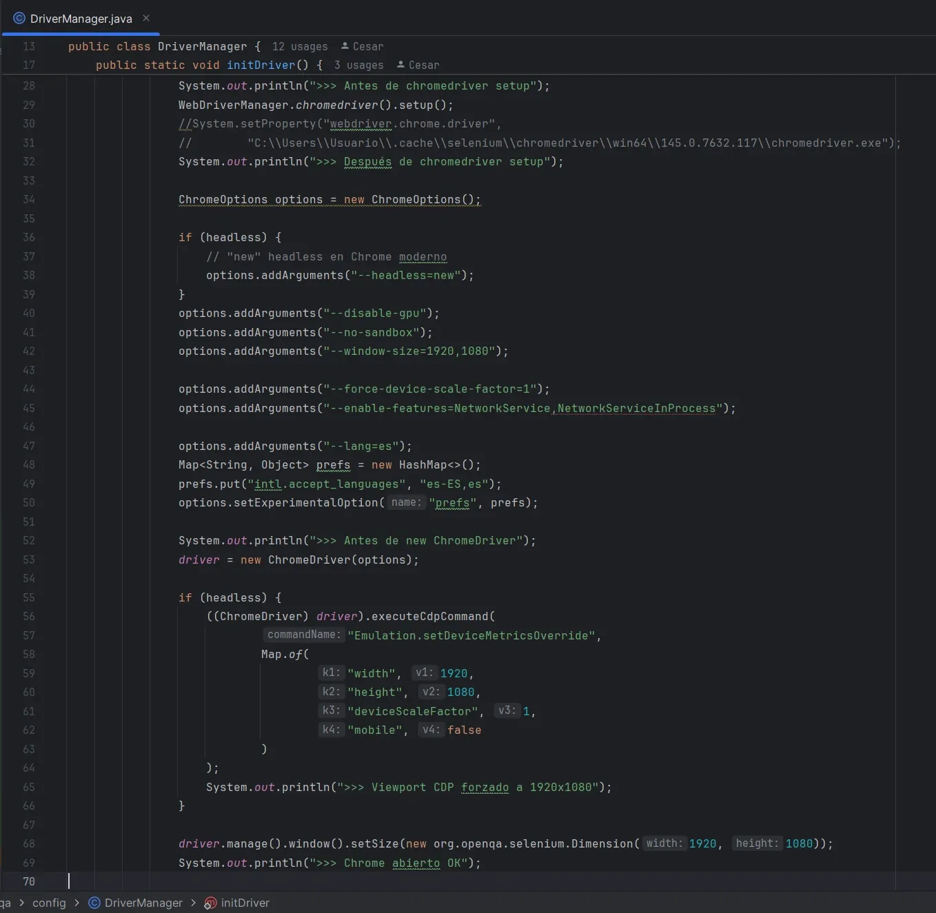 DriverManager.java en IntelliJ IDEA mostrando el método initDriver con configuración de ChromeOptions, Accept-Language y executeCdpCommand para forzar viewport 1920x1080