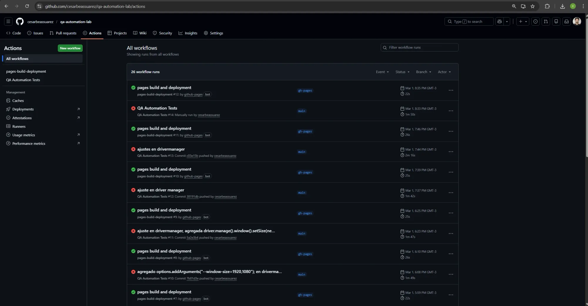 Lista de workflow runs en la pestaña Actions mostrando 26 ejecuciones con nombres como "ajustes en drivermanager", "ajuste en driver manager", "agregado options.addArguments window-size"