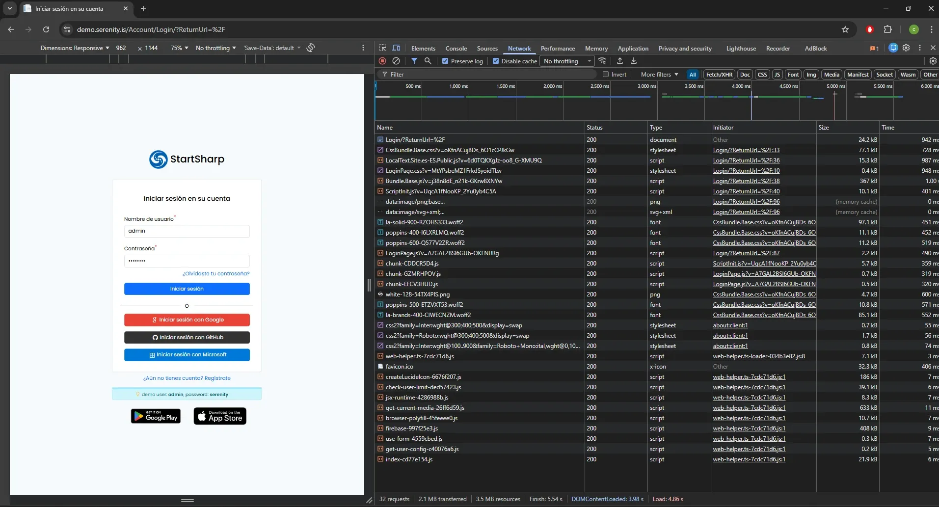 Chrome DevTools Network tab displaying all 32 requests loaded by the Serenity login page