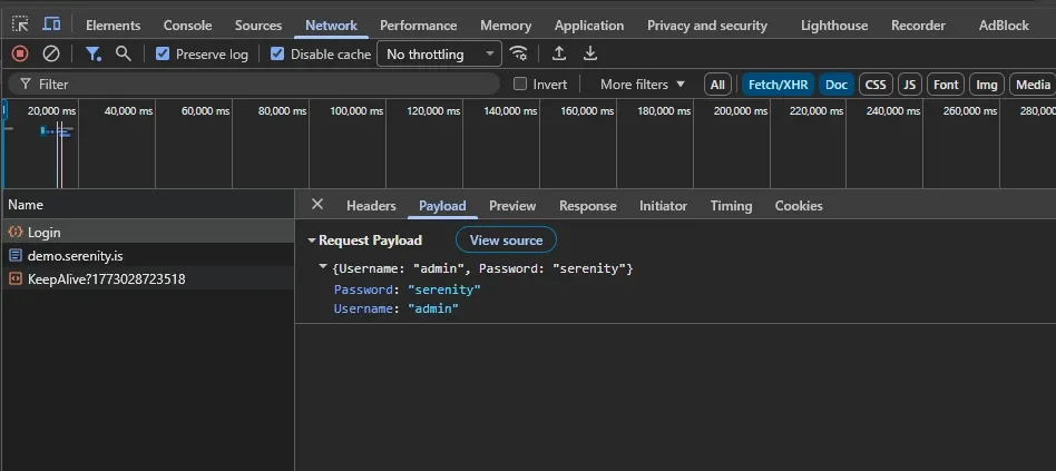 DevTools Payload tab showing JSON request body with Username admin and Password serenity