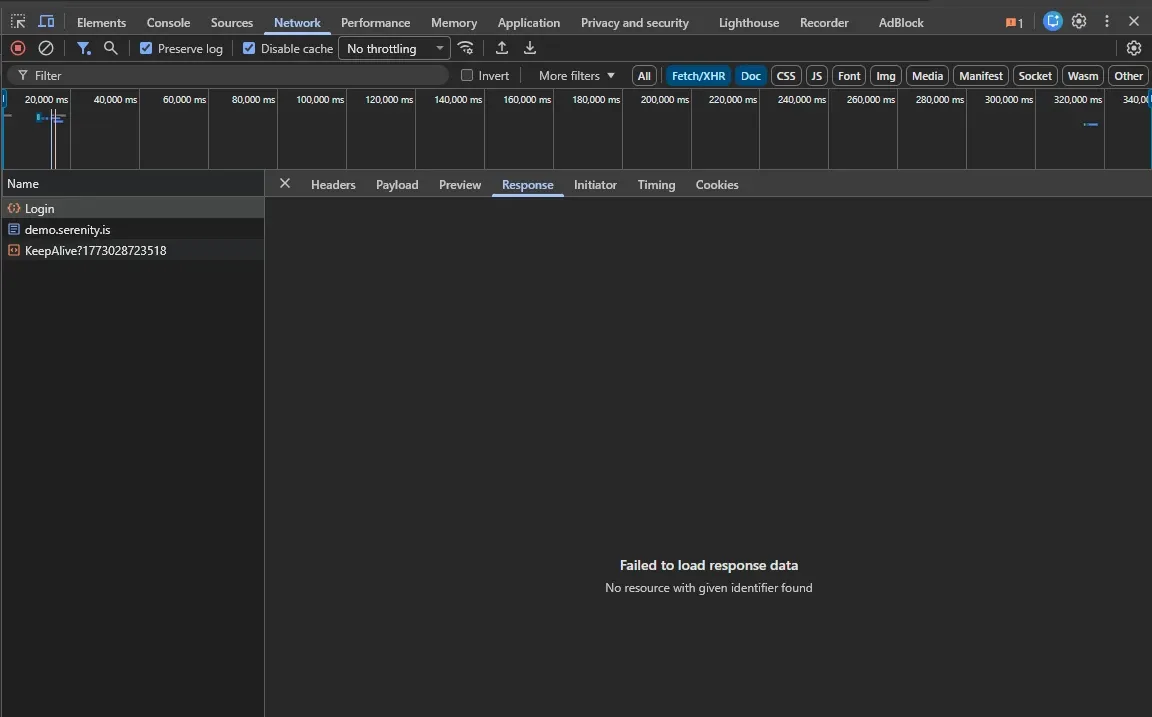 DevTools Response tab showing Failed to load response data message for the login POST request
