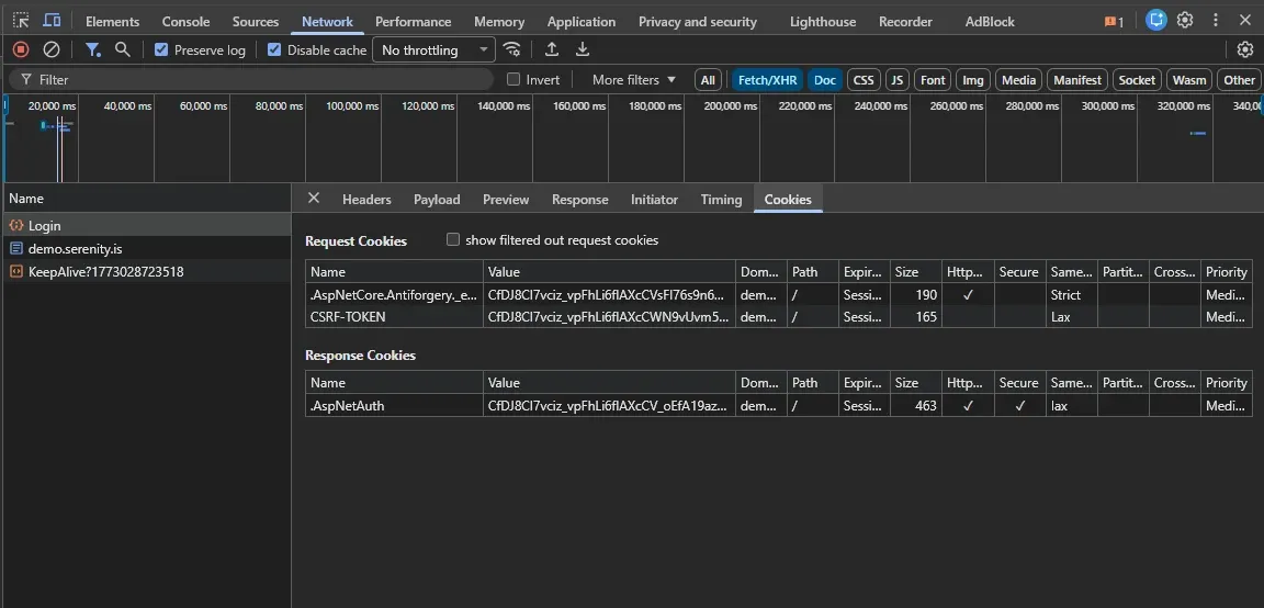 DevTools Cookies tab showing AntiForgery and CSRF-TOKEN as request cookies and AspNetAuth as the response cookie after login