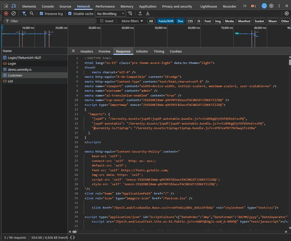 DevTools Response tab showing HTML source code returned by the Northwind/Customer page request