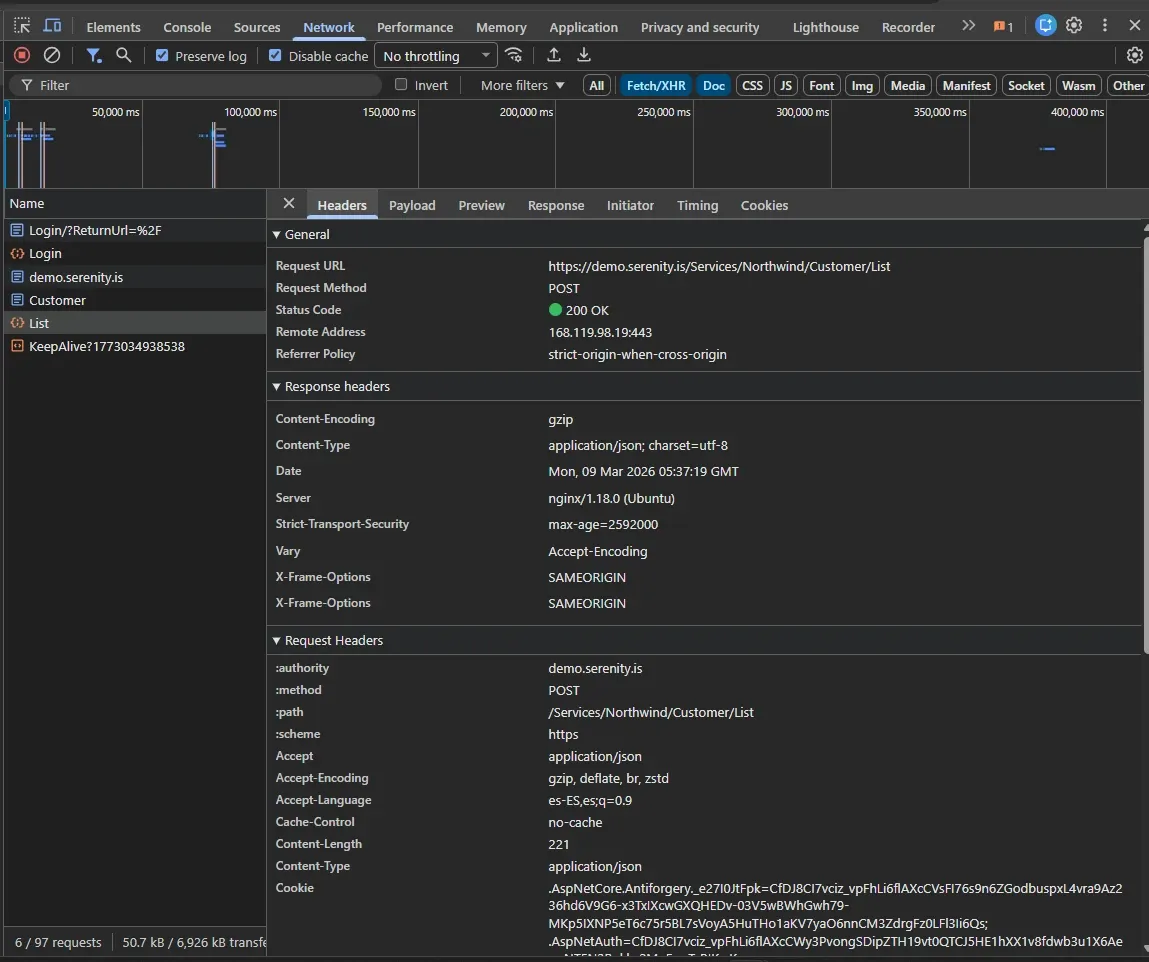 DevTools Headers panel for POST Services/Northwind/Customer/List showing 200 OK and Content-Type application/json