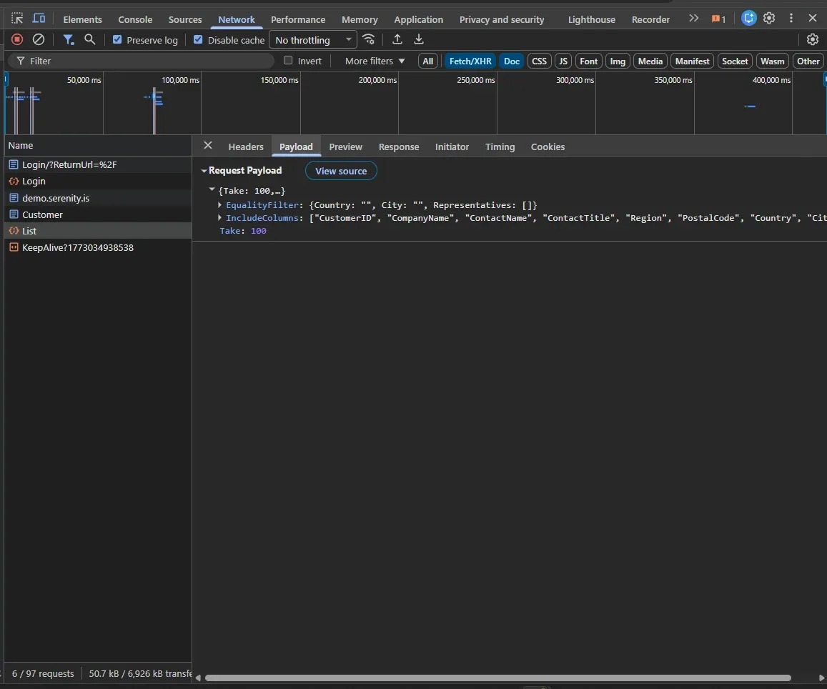 DevTools Payload tab showing request body with Take 100, EqualityFilter and IncludeColumns for Customer/List endpoint