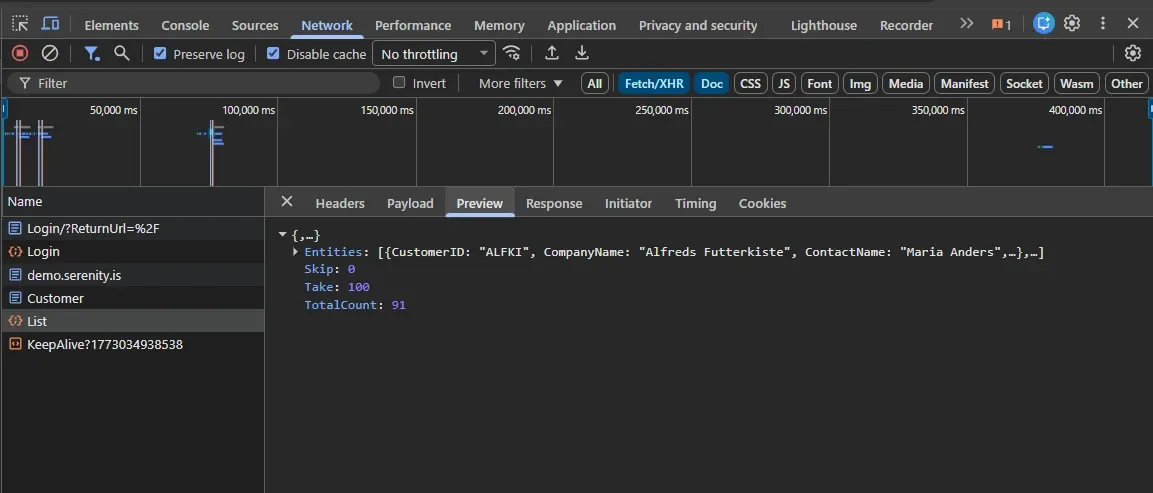 DevTools Preview tab showing Customer/List response with Entities array, Skip 0, Take 100 and TotalCount 91