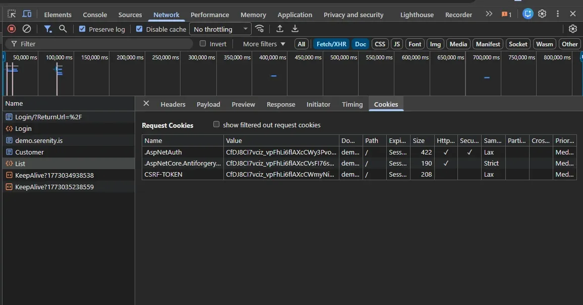 DevTools Cookies tab for Customer/List request showing AspNetAuth, AntiForgery and CSRF-TOKEN cookies