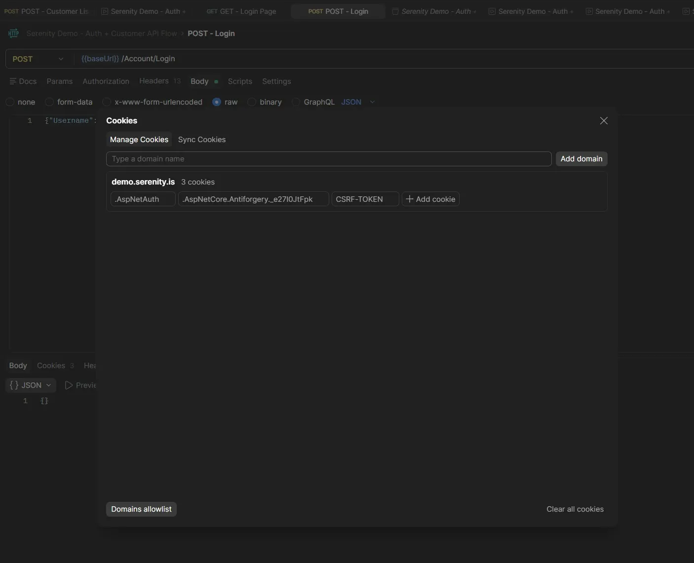 Postman cookie jar showing three cookies for demo.serenity.is: AspNetAuth, AntiForgery and CSRF-TOKEN