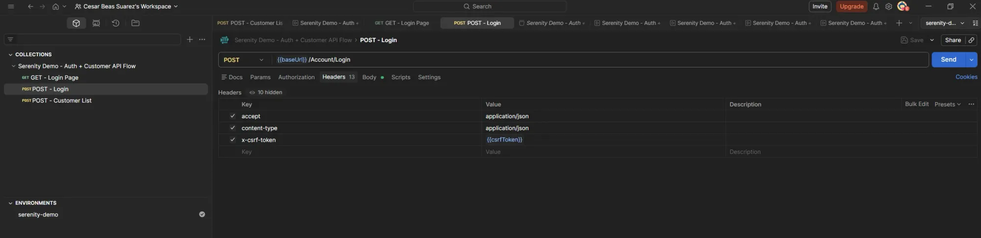 Postman POST Login request with x-csrf-token header using dynamic variable csrfToken instead of hardcoded value