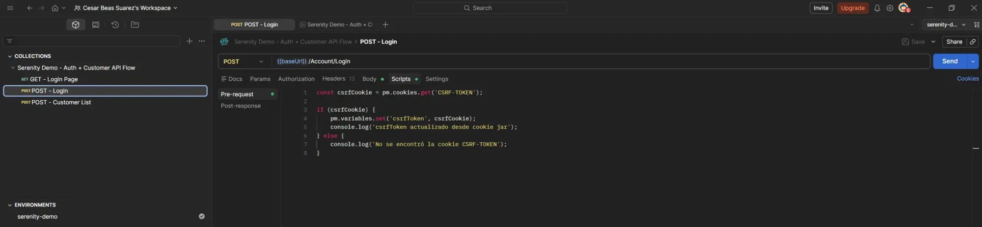 Postman pre-request script for POST Login reading CSRF-TOKEN from cookie jar and setting csrfToken variable